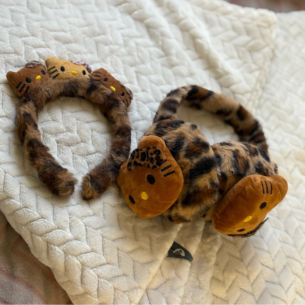 Y2k Hello Kitty Leopard Print Soft Fleece Headband and Ear Mufffs